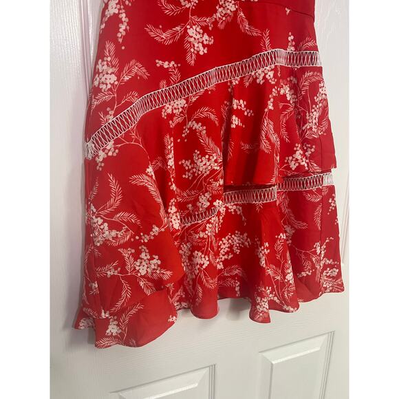Karen Millen US 6 Ruffle Floral Fit-and-Flare Dress Tiered Lattice Red Vacation - Picture 6 of 11